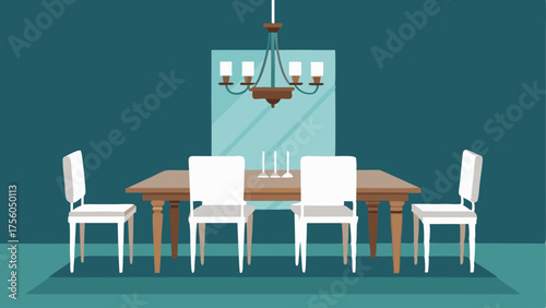 A dining room with a distressed wooden table white upholstered chairs and a modern chandelier.