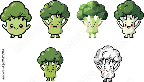 Cartoon broccoli character set, cute vegetable illustrations, playful healthy food clipart, kids vector design, whimsical green icons, stylized plant graphics