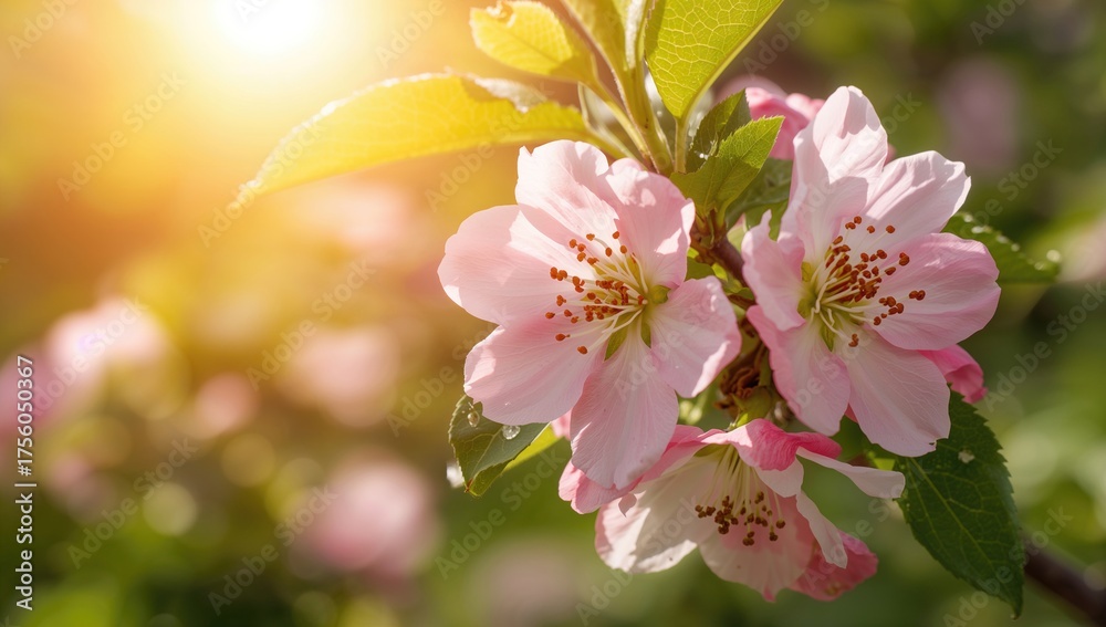 Obraz premium Soft pink apple flowers bloom gently beneath the bright spring sunshine, set against a vibrant green backdrop.