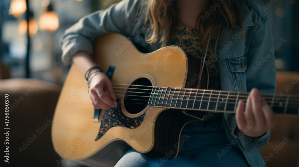 Obraz premium A person playing an acoustic guitar while wearing a denim jacket in a casual setting