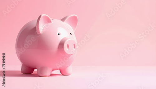 Adorable pink piggy bank on a soft pastel background with copy space for text and clean design for financial themes