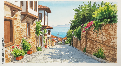 Sunny Street with Sea View in Antalya Kaleiçi, watercolor style illustration, generative ai
