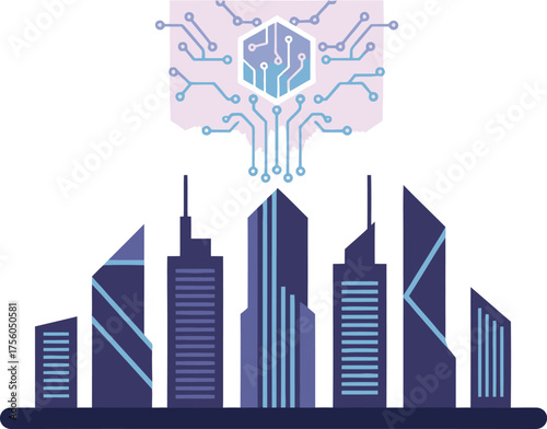 Futuristic cityscape with a tech circuit board hovering above buildings.