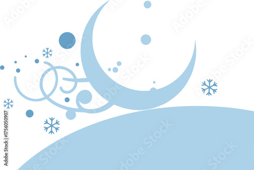 Abstract blue winter scene with moon, snow and swirls.