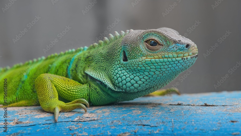 Fototapeta premium Close-up of a young green and blue iguana on a blue wooden surface