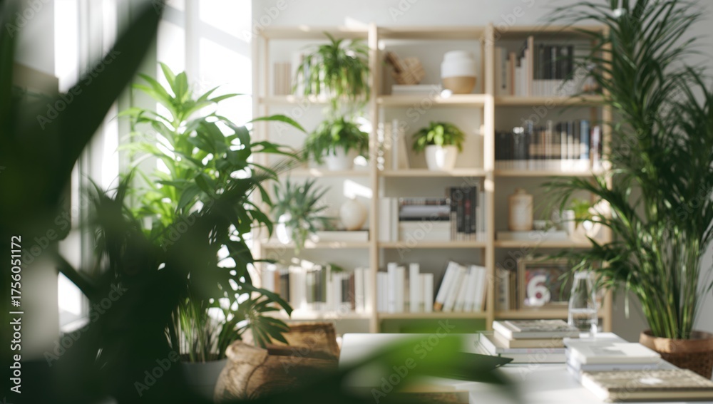 Fototapeta premium Sunlit room with a warm bookshelf, green plants, neatly arranged books, and a peaceful setting for reading and unwinding