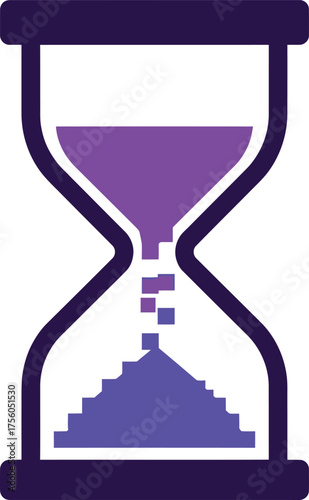 Pixelated purple hourglass illustrating time passage on a white background.