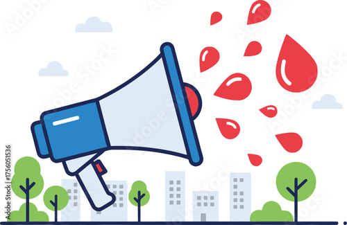 of megaphone with droplets and cityscape on a white background.