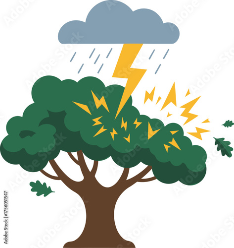A cartoon tree being struck by lightning during a storm.
