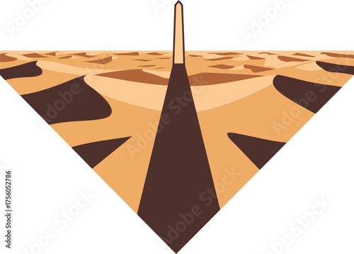 A stylized desert landscape with an obelisk in a pyramid shape.