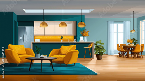 Modern living room and kitchen with bright colors and furniture