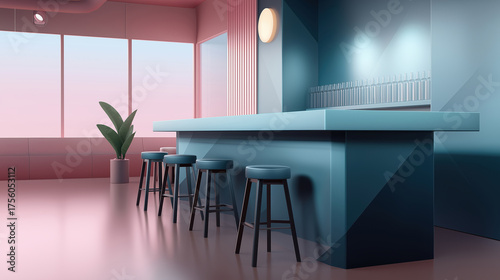 Stylish modern bar interior with colorful lighting and seating
