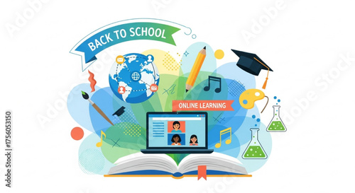 Back to school online learning concept with virtual classroom technology and diverse educational elements