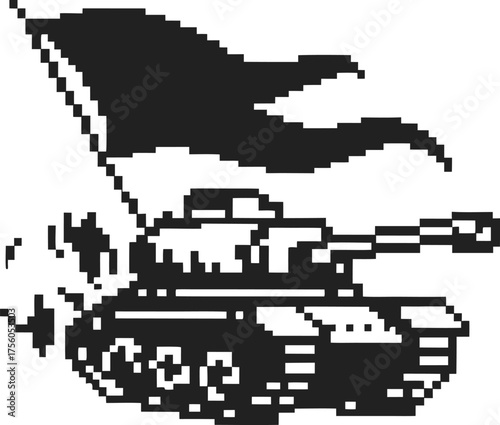 Pixel art tank with waving flag in motion retro digital black and white illustration representing military vehicle power