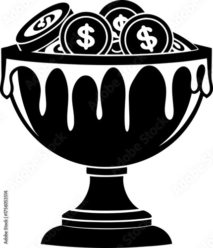 Gold coins overflowing in ornate trophy cup wealth, financial success, lucrative prize symbol, prosperity achievement icon