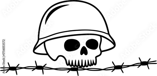 Skull wearing military helmet behind barbed wire, war danger symbol, death warning, army conflict threat illustration