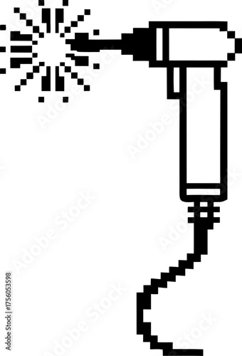 Pixel art welding torch emitting sparks black and white illustration of industrial electric tool with wire for repair and metalwork tasks