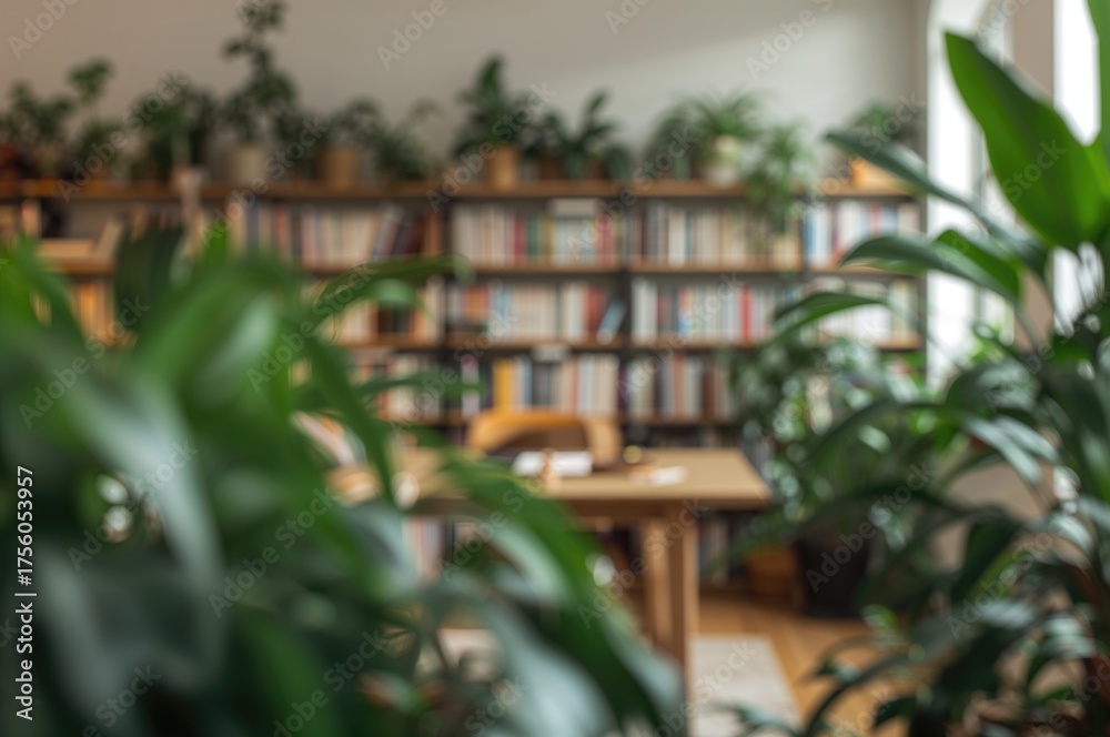 Fototapeta premium A cozy reading nook filled with lush greenery and countless books, set against a softly blurred backdrop.