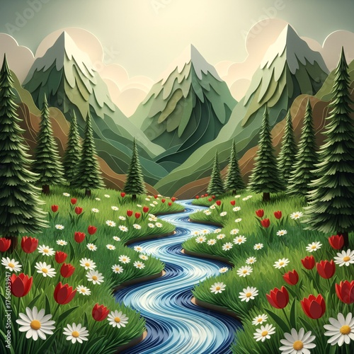 Serene Mountain Valley Scene With Blooming Meadow, Stream, And Pine Forest