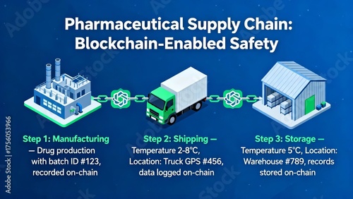 Blockchain-enabled pharmaceutical supply chain ensuring safety through manufacturing, shipping, and storage tracking