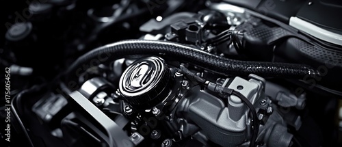 Detailed closeup of a vehicle engine monochrome mechanical parts automotive technology