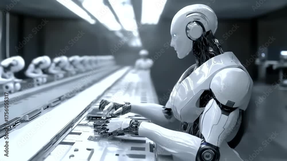 Advanced humanoid robot works on an assembly line in a futuristic ...
