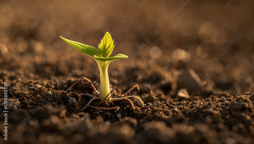 Fototapeta premium Detailed View of a Sunflower Seedling Emerging from the Earth