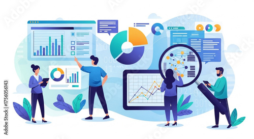 Business team collaborating on data analysis, using charts and graphs for market research and strategy