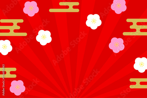 和風の梅模様と赤背景の華やかな正月セール用イラスト　赤