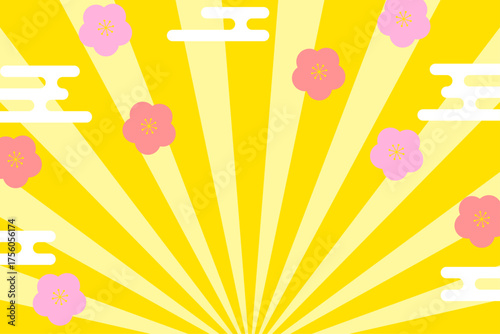 和風の梅模様と赤背景の華やかな正月セール用イラスト　黄色