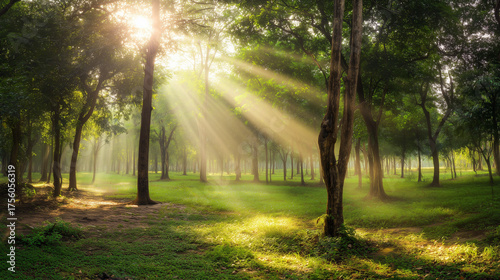 camphor. Sunlight filtering through a forest of camphor trees with visible light rays. travel magazines, destination branding, designed for travel destination branding, used by logistics managers.