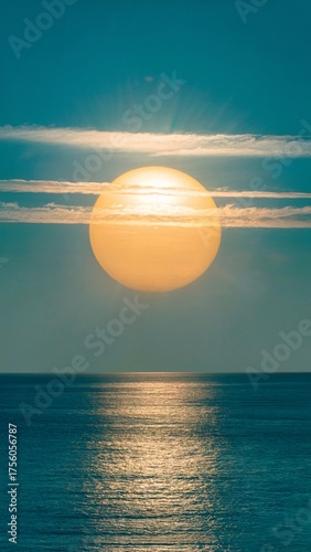 Sunset Over Calm Ocean With Golden Light Reflected On Silky Blue Water