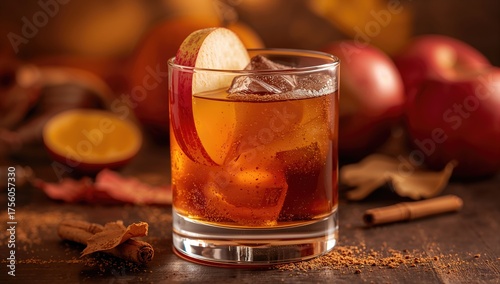 Classic old fashioned cocktail made with apple cider, front perspective