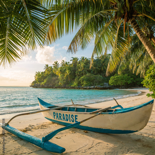 Fototapeta Naklejka Na Ścianę i Meble -  Tropical Beach With Boat On Sand Under Palm Trees At Sunset For Vacation Getaway
