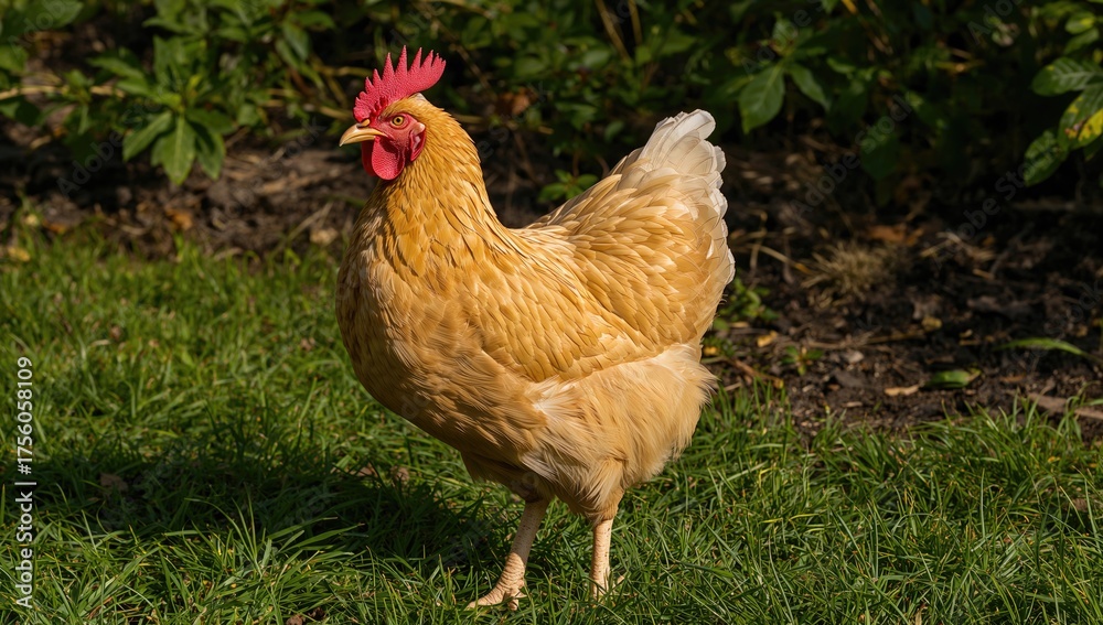 Fototapeta premium A domestic yellow chicken (Gallus domesticus) is perched on the lawn