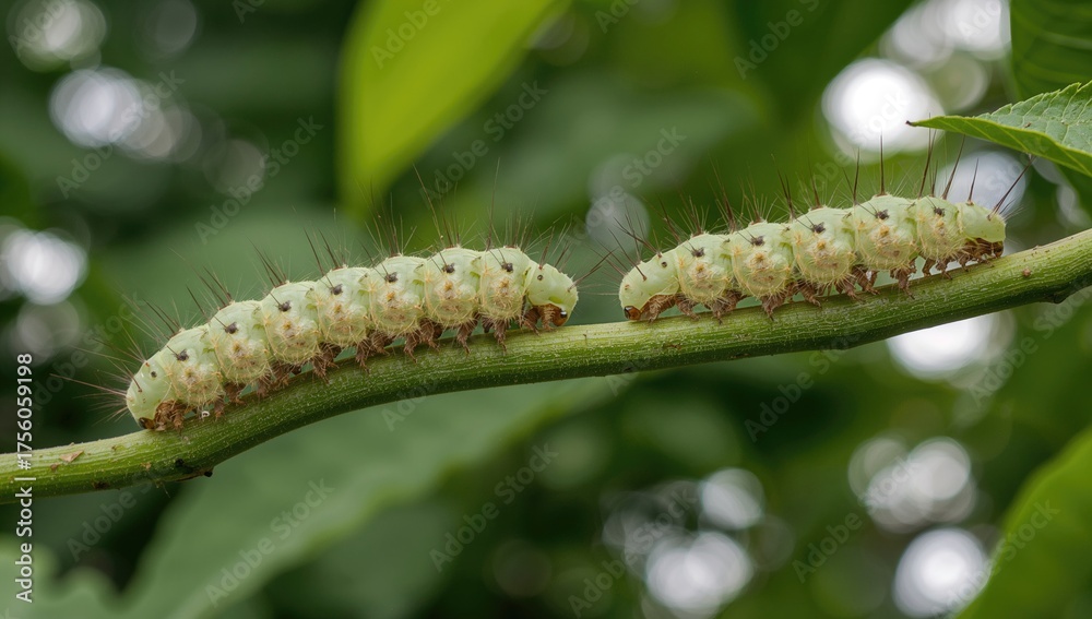 Naklejka premium Adorable tiny caterpillars resting on a leafy twig