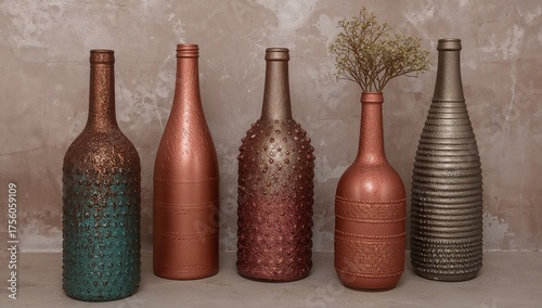 Spray-painted bronze bottles crafted by hand. Budget-friendly decorative crafts. Bottle vases.