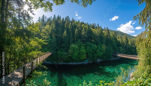 Sunny summer day at a scenic suspension bridge surrounded by lush greenery