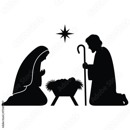 Silhouette of the nativity scene with mary, joseph, and baby jesus, , perfect for religious christmas cards and decorations