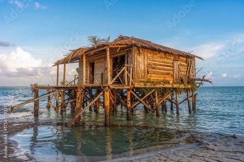 Deserted coastal station featuring a dilapidated stilted building at ebb tide