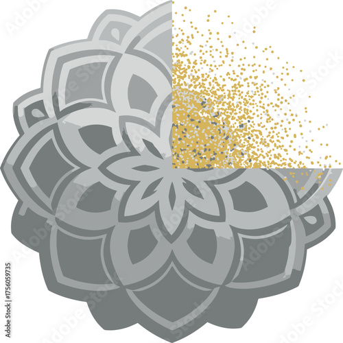 A gray mandala with gold glitter-like effect on the right side.