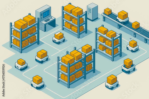 Isometric Robot Warehouse 3D Vector Scene	
