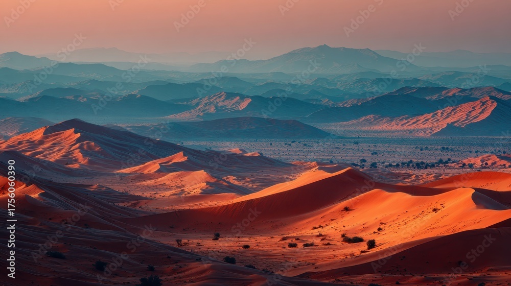 Naklejka premium Beautiful landscape of sand dunes meets blue mountains at sunset. Use this for travel blogs, adventure ads, or nature projects.