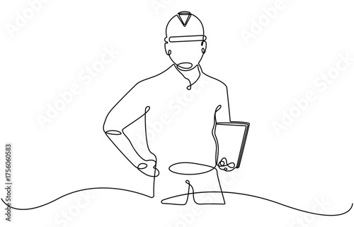 Continuous line drawing of young female architect engineer worker.