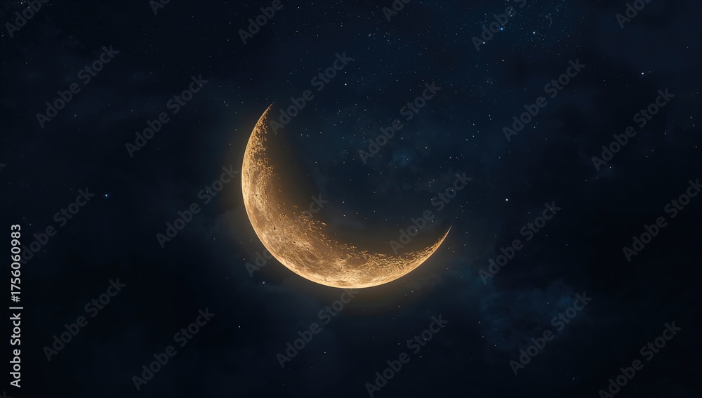 Fototapeta premium A fragile crescent moon hanging in the dark sky.