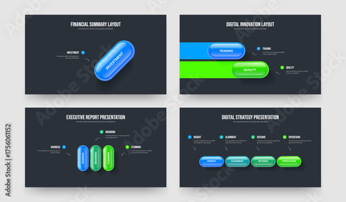 Financial Strategy 1 2 3 4 Option Infographic Frame Layout Set. Market Planning One Two Three Four Step Diagram Slide Template Vector Illustration Bundle.