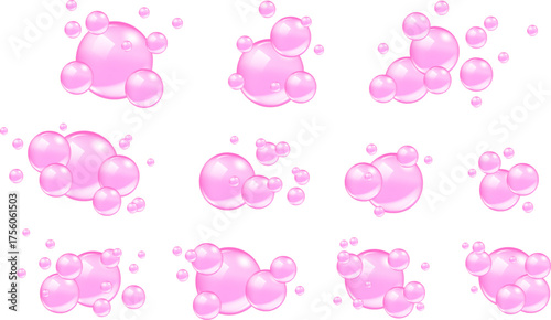 Set of multiple pink bubbles arranged on a soft white background, floating gently and creating a delicate, airy composition.
