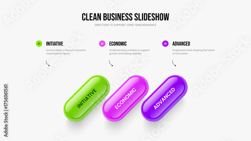Corporate Performance Slide Layout Vector Illustration. Professional Proposal 3 Option Diagram Presentation Design. Market Plan Three Element Infographic Frame Template.
