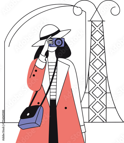 Stylish woman tourist captures Paris landmark with her camera