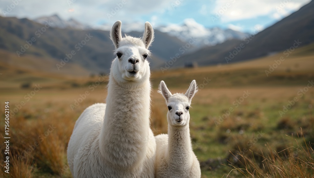 Fototapeta premium An adult white Llama with its offspring photographed in mountainous terrain